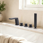3 Handle Deck Mount Roman Tub Faucet with Waterfall Spout & Handheld Shower SFS1009-BK - Matte Black