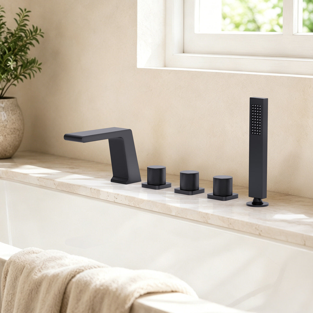 3 Handle Deck Mount Roman Tub Faucet with Waterfall Spout & Handheld Shower SFS1009-BK - Matte Black