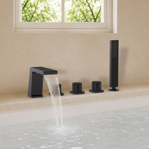 3 Handle Deck Mount Roman Tub Faucet with Waterfall Spout & Handheld Shower SFS1009-BK - Matte Black