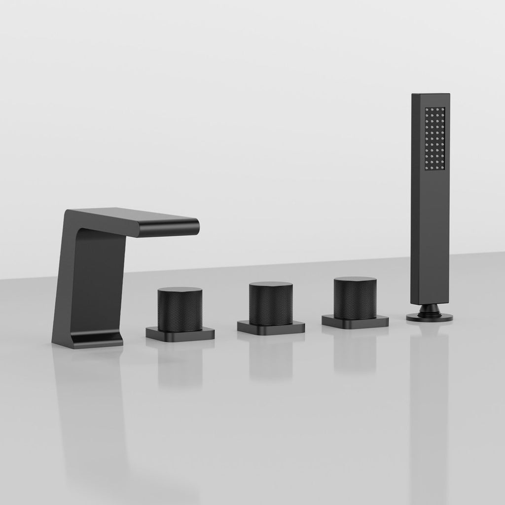 3 Handle Deck Mount Roman Tub Faucet with Waterfall Spout & Handheld Shower SFS1009-BK - Matte Black