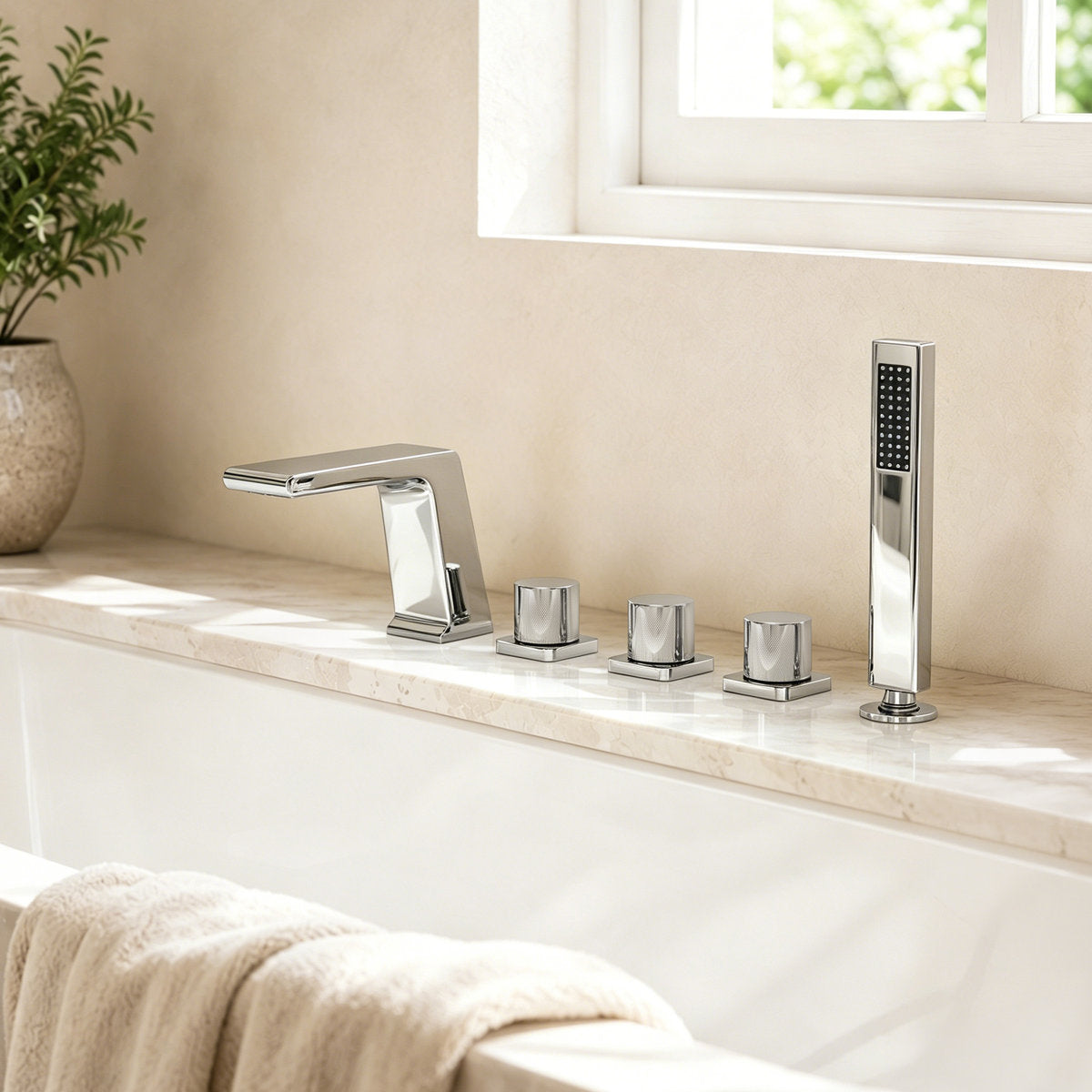 3 Handle Deck Mount Roman Tub Faucet with Waterfall Spout & Handheld Shower SFS1009-CH - Chrome