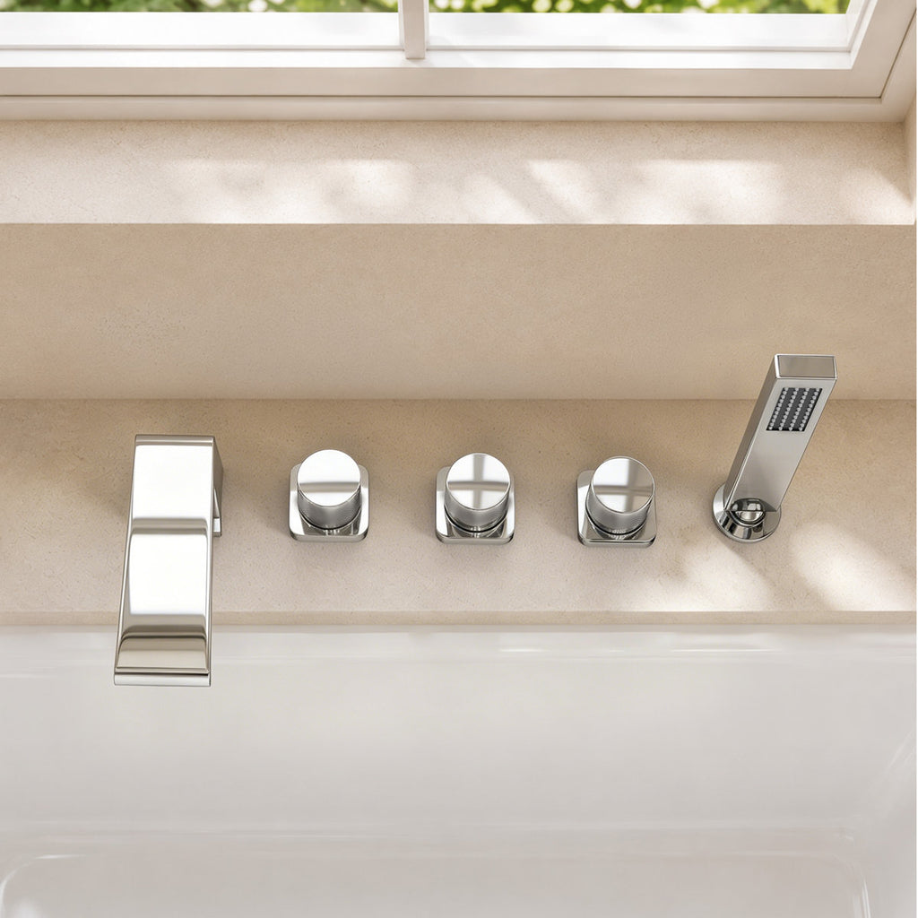 3 Handle Deck Mount Roman Tub Faucet with Waterfall Spout & Handheld Shower SFS1009-CH - Chrome