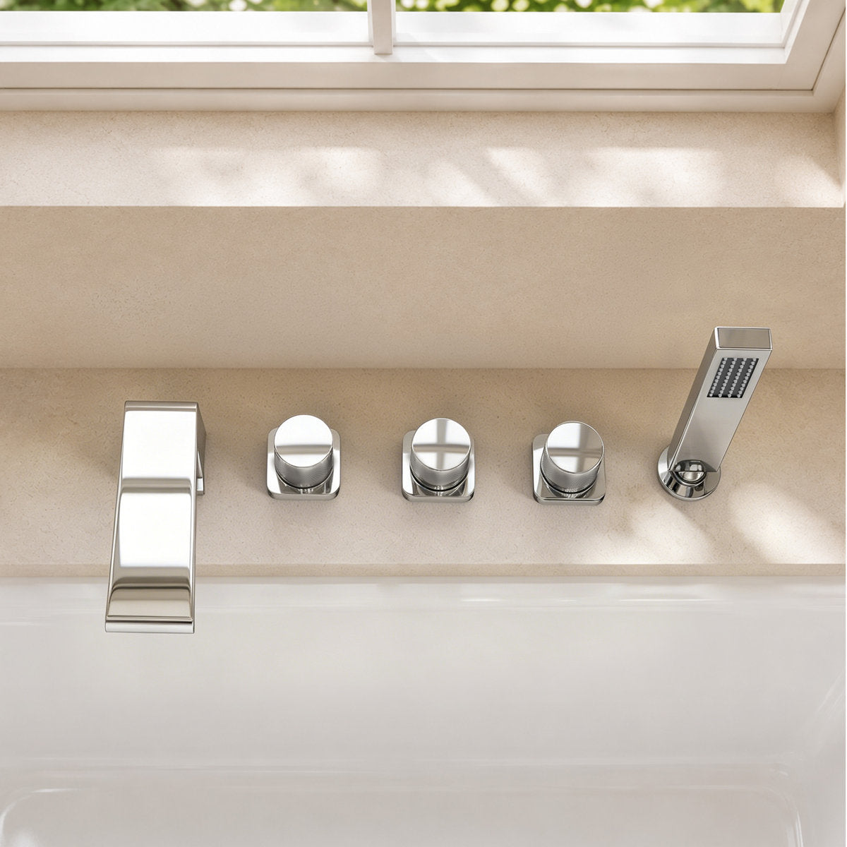 3 Handle Deck Mount Roman Tub Faucet with Waterfall Spout & Handheld Shower SFS1009-CH - Chrome