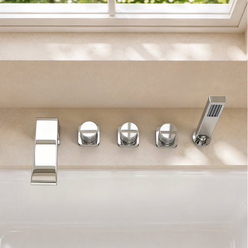 3 Handle Deck Mount Roman Tub Faucet with Waterfall Spout & Handheld Shower SFS1009-CH - Chrome