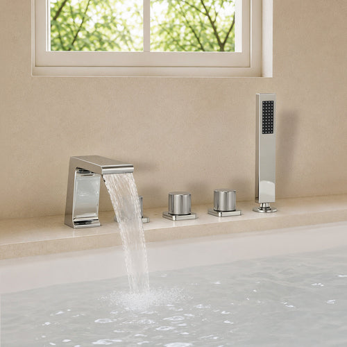 3 Handle Deck Mount Roman Tub Faucet with Waterfall Spout & Handheld Shower SFS1009-CH - Chrome