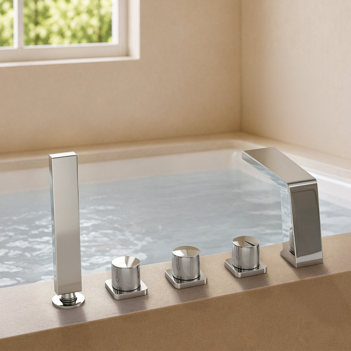 3 Handle Deck Mount Roman Tub Faucet with Waterfall Spout & Handheld Shower SFS1009-CH - Chrome