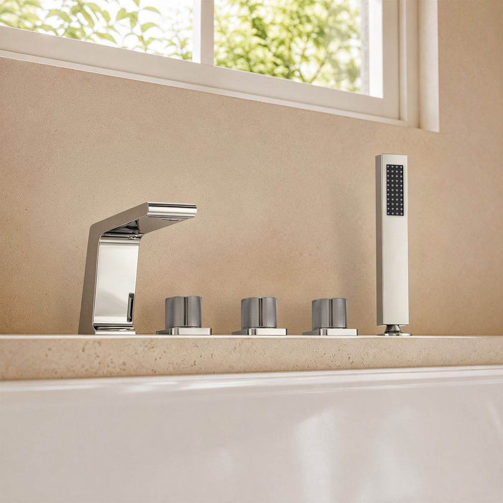 3 Handle Deck Mount Roman Tub Faucet with Waterfall Spout & Handheld Shower SFS1009-CH - Chrome
