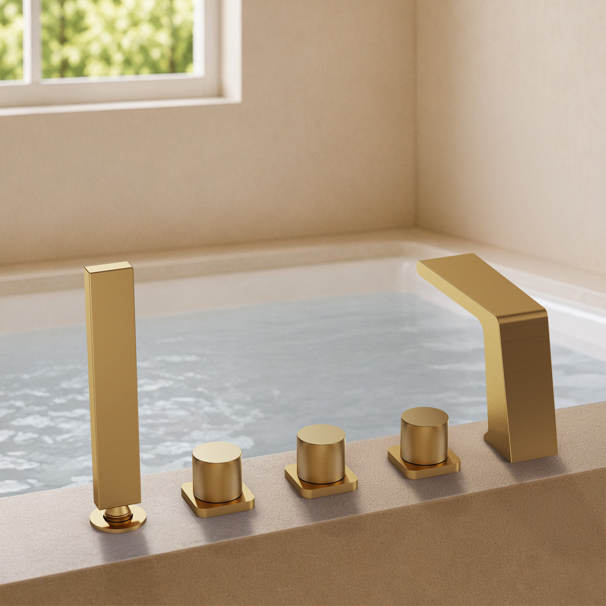 3 Handle Deck Mount Roman Tub Faucet with Waterfall Spout & Handheld Shower SFS1009-GD - Brushed Gold