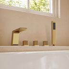 3 Handle Deck Mount Roman Tub Faucet with Waterfall Spout & Handheld Shower SFS1009-GD - Brushed Gold