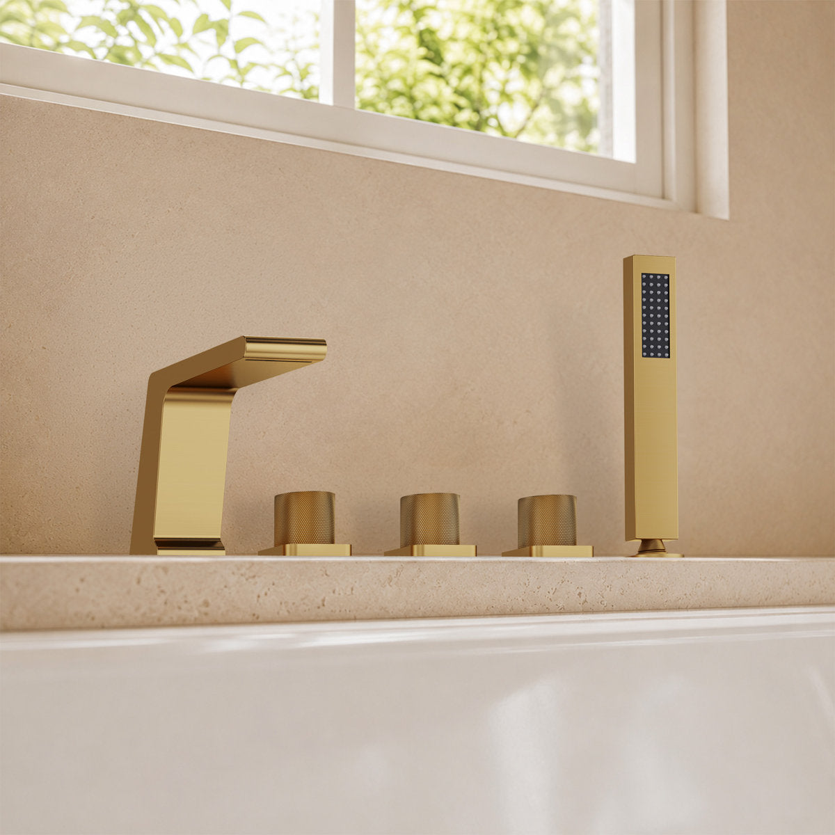 3 Handle Deck Mount Roman Tub Faucet with Waterfall Spout & Handheld Shower SFS1009-GD - Brushed Gold