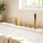 3 Handle Deck Mount Roman Tub Faucet with Waterfall Spout & Handheld Shower SFS1009-GD - Brushed Gold