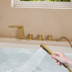 3 Handle Deck Mount Roman Tub Faucet with Waterfall Spout & Handheld Shower SFS1009-GD - Brushed Gold