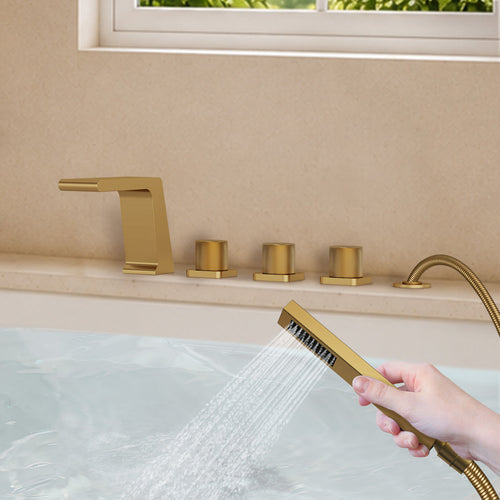 3 Handle Deck Mount Roman Tub Faucet with Waterfall Spout & Handheld Shower SFS1009-GD - Brushed Gold