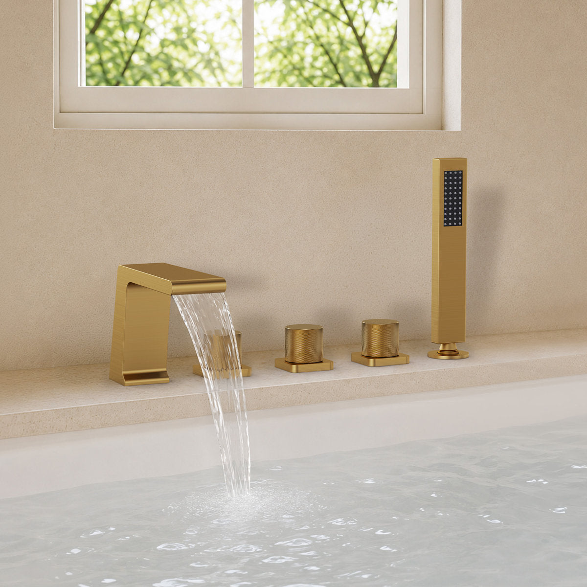 3 Handle Deck Mount Roman Tub Faucet with Waterfall Spout & Handheld Shower SFS1009-GD - Brushed Gold