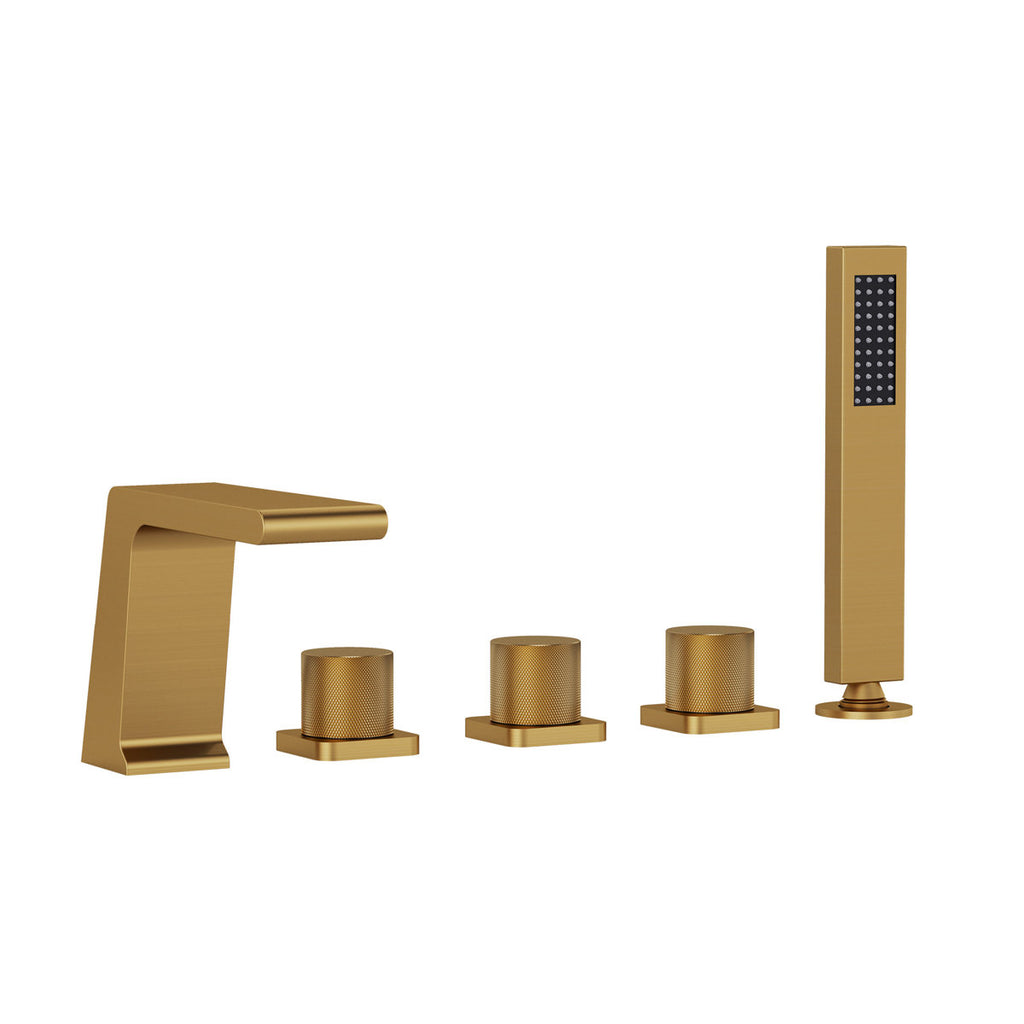 3 Handle Deck Mount Roman Tub Faucet with Waterfall Spout & Handheld Shower SFS1009-GD - Brushed Gold