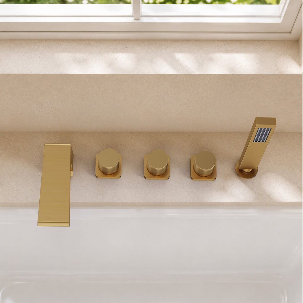 3 Handle Deck Mount Roman Tub Faucet with Waterfall Spout & Handheld Shower SFS1009-GD - Brushed Gold