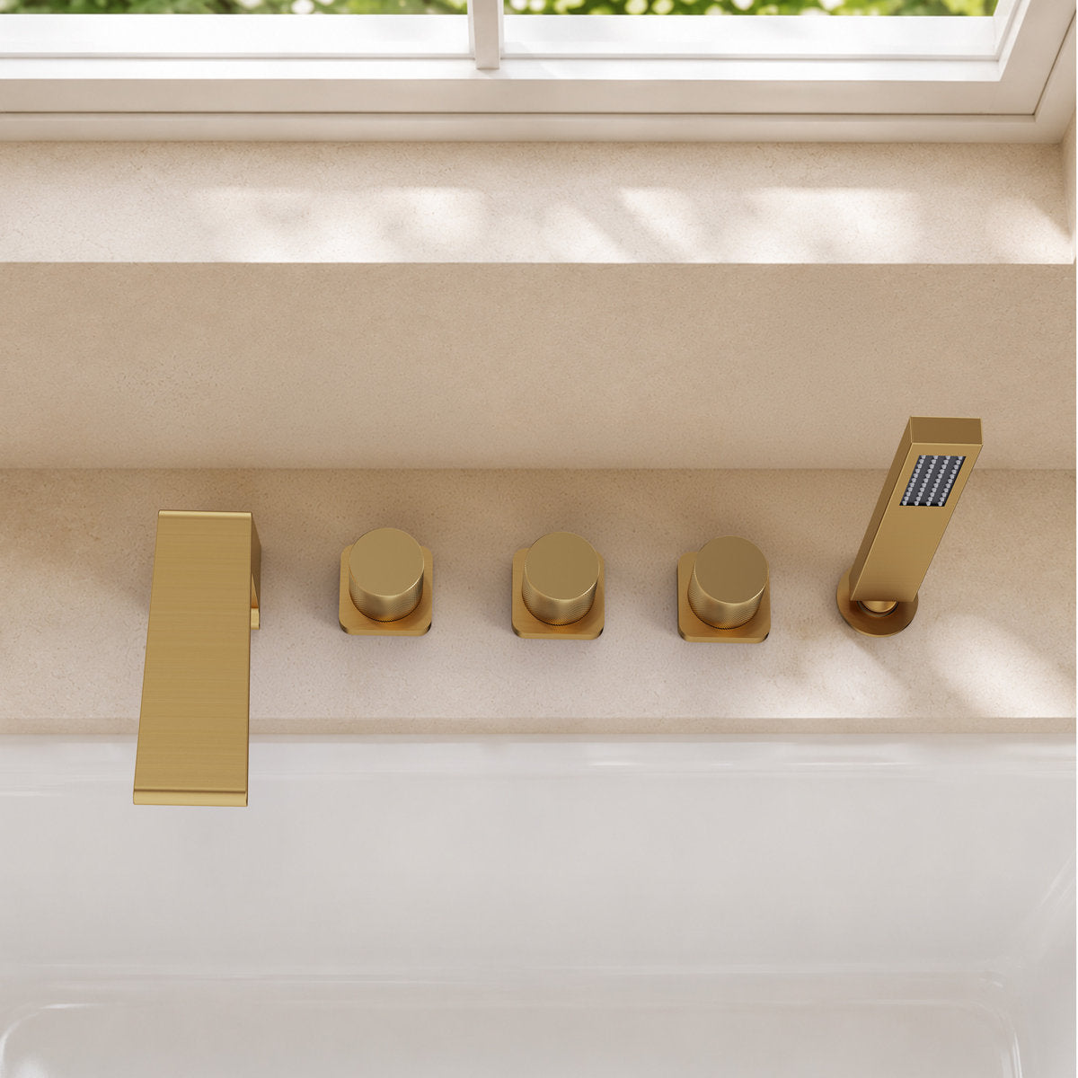 3 Handle Deck Mount Roman Tub Faucet with Waterfall Spout & Handheld Shower SFS1009-GD - Brushed Gold