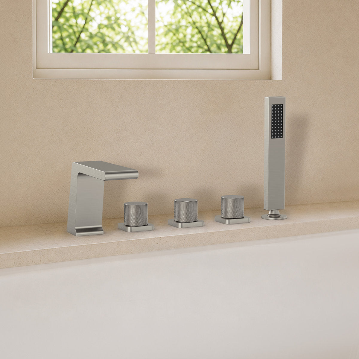 3 Handle Deck Mount Roman Tub Faucet with Waterfall Spout & Handheld Shower SFS1009-NK - Brushed Nickel