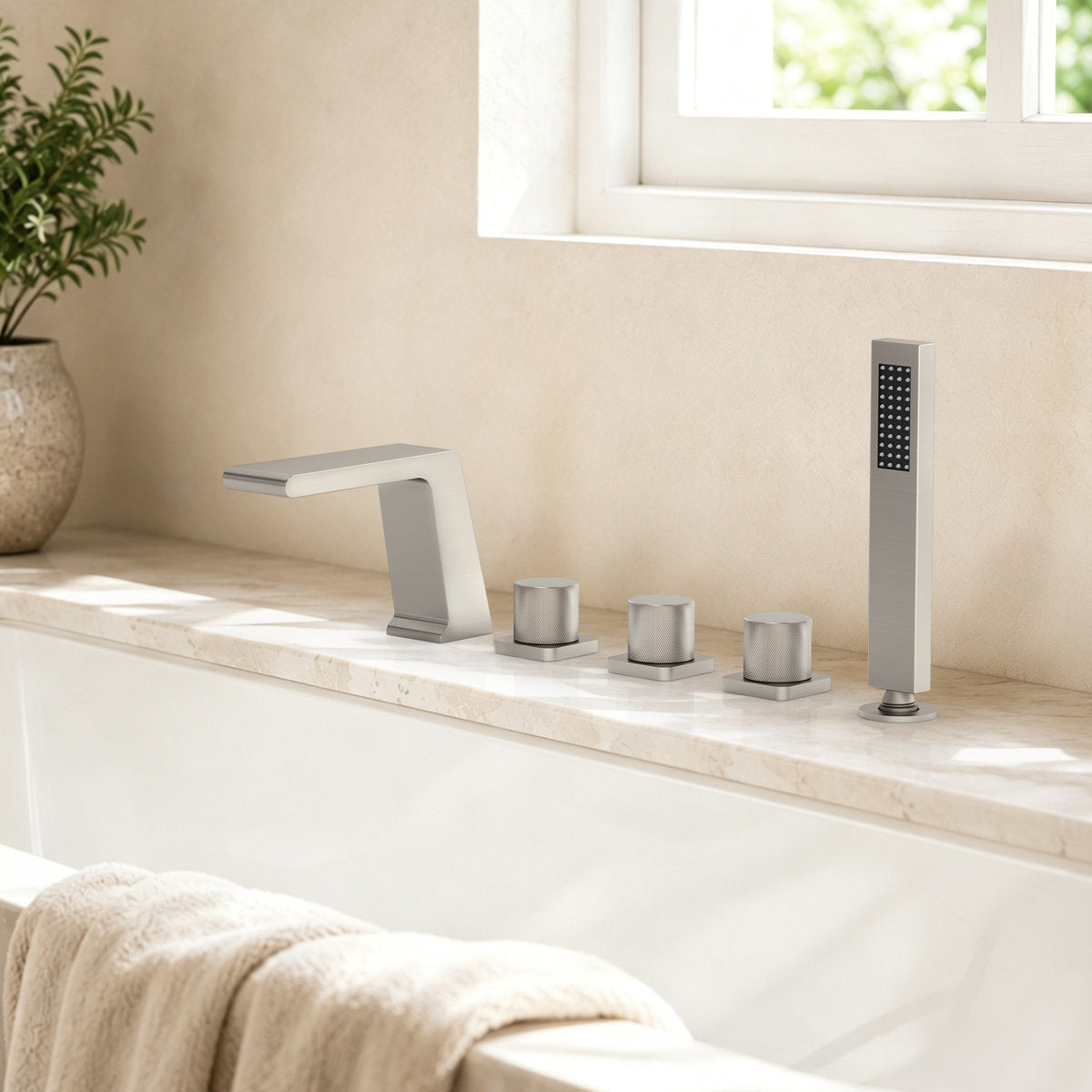 3 Handle Deck Mount Roman Tub Faucet with Waterfall Spout & Handheld Shower SFS1009-NK - Brushed Nickel