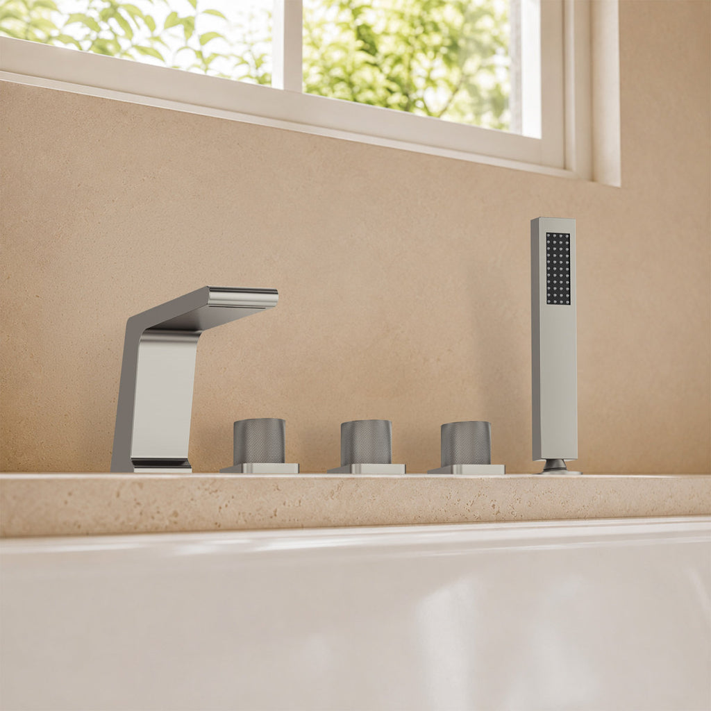 3 Handle Deck Mount Roman Tub Faucet with Waterfall Spout & Handheld Shower SFS1009-NK - Brushed Nickel