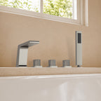 3 Handle Deck Mount Roman Tub Faucet with Waterfall Spout & Handheld Shower SFS1009-NK - Brushed Nickel
