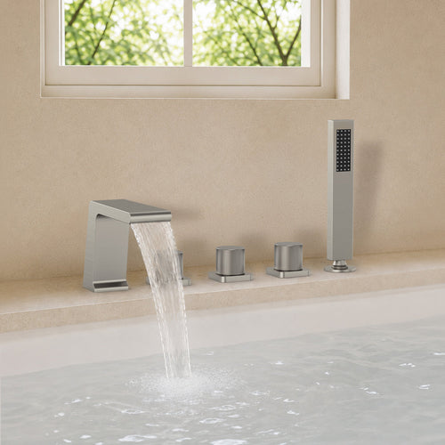 3 Handle Deck Mount Roman Tub Faucet with Waterfall Spout & Handheld Shower SFS1009-NK - Brushed Nickel