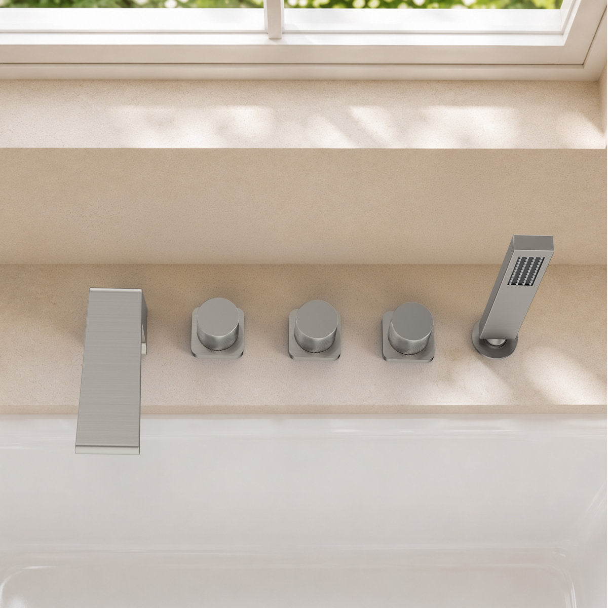 3 Handle Deck Mount Roman Tub Faucet with Waterfall Spout & Handheld Shower SFS1009-NK - Brushed Nickel