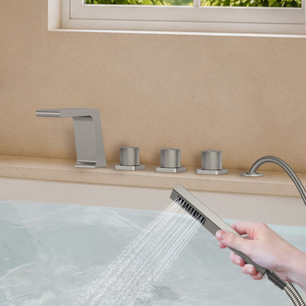 3 Handle Deck Mount Roman Tub Faucet with Waterfall Spout & Handheld Shower SFS1009-NK - Brushed Nickel