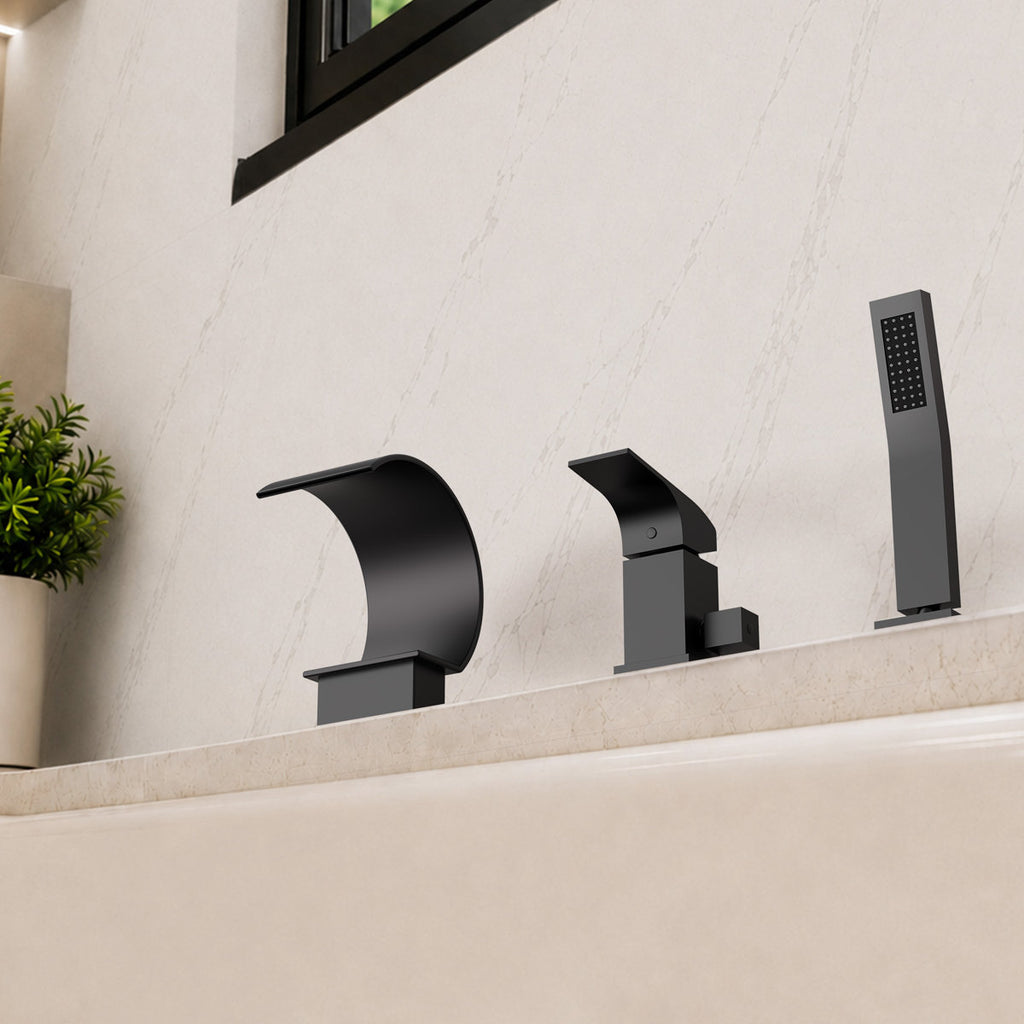 Waterfall Roman Tub Faucet with Hand Shower, 3-Hole Deck Mount SFS1005-BK - Matte Black