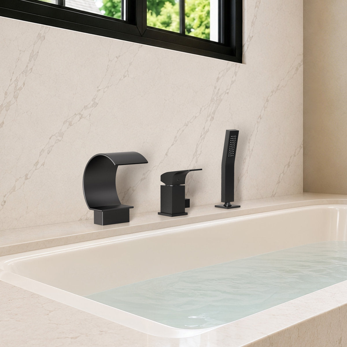 Waterfall Roman Tub Faucet with Hand Shower, 3-Hole Deck Mount SFS1005-BK - Matte Black