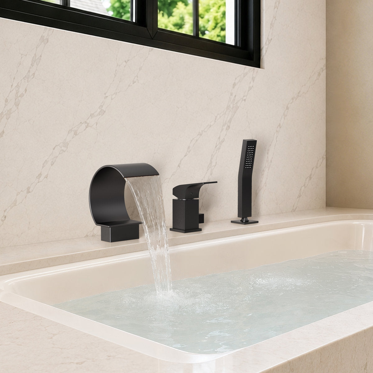 Waterfall Roman Tub Faucet with Hand Shower, 3-Hole Deck Mount SFS1005-BK - Matte Black