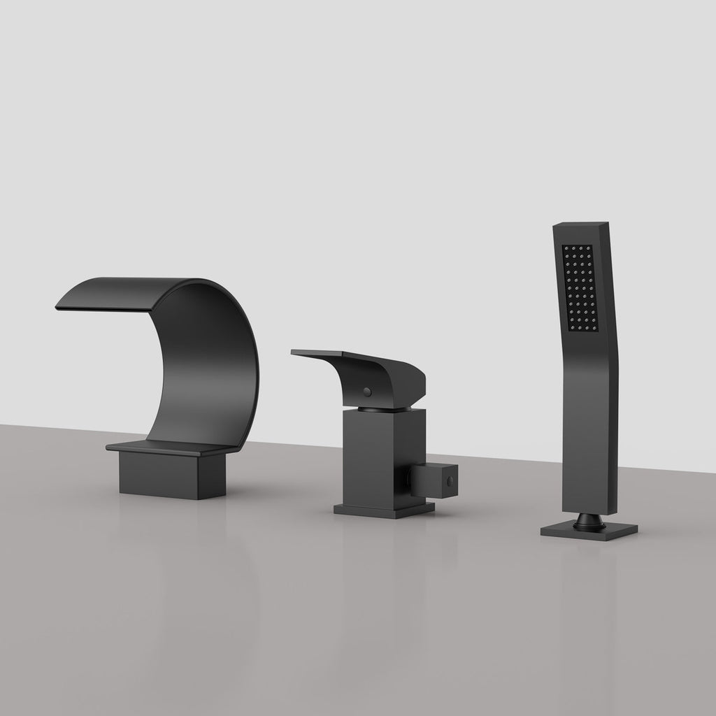 Waterfall Roman Tub Faucet with Hand Shower, 3-Hole Deck Mount SFS1005-BK - Matte Black