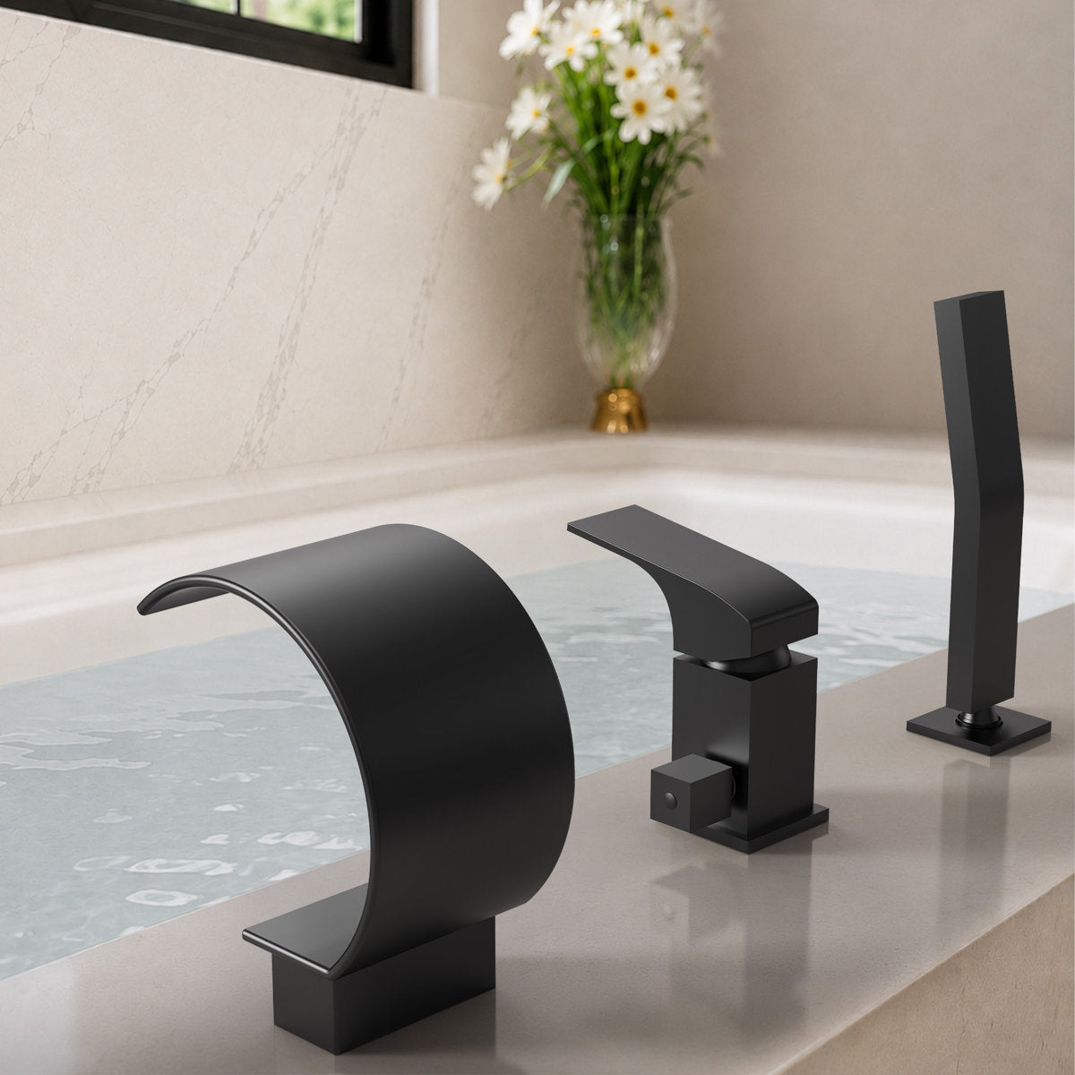 Waterfall Roman Tub Faucet with Hand Shower, 3-Hole Deck Mount SFS1005-BK - Matte Black