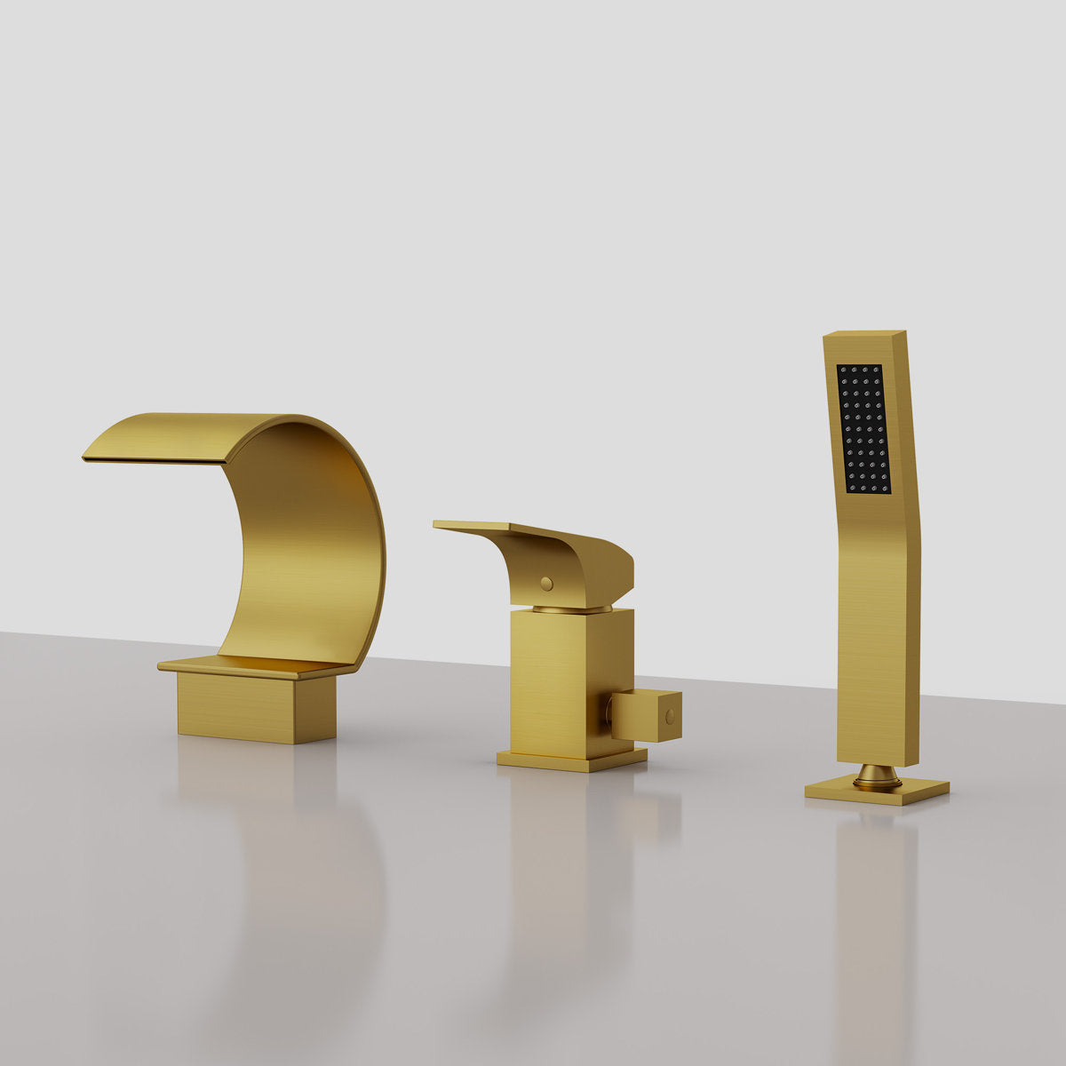 Waterfall Roman Tub Faucet with Hand Shower, 3-Hole Deck Mount SFS1005-GD - Brushed Gold