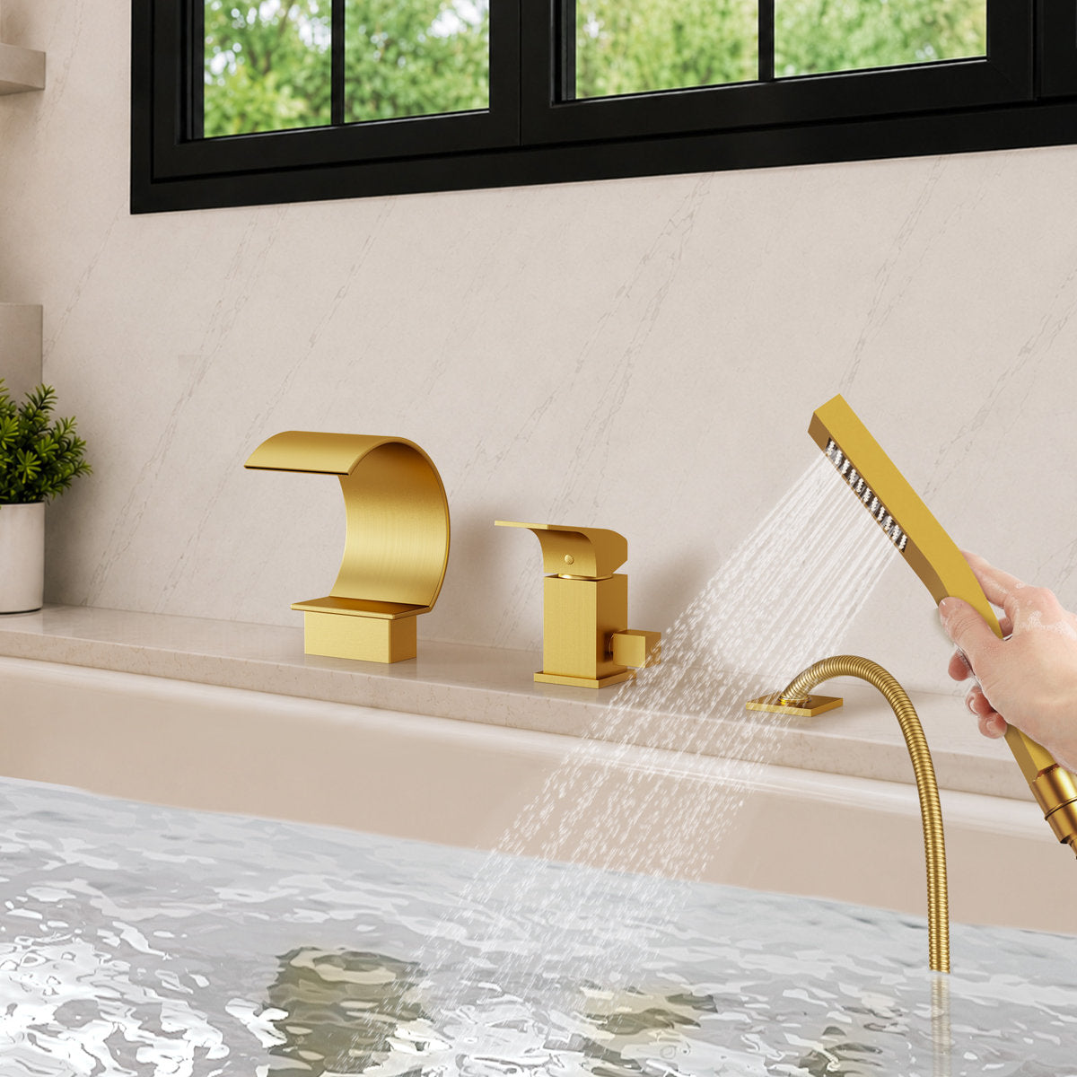 Waterfall Roman Tub Faucet with Hand Shower, 3-Hole Deck Mount SFS1005-GD - Brushed Gold