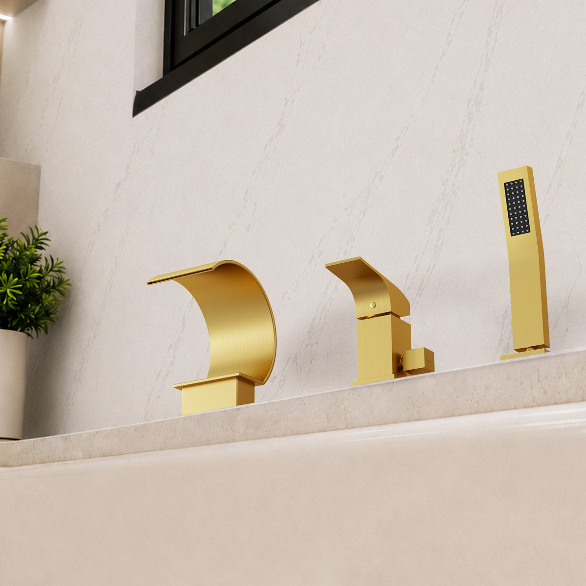 Waterfall Roman Tub Faucet with Hand Shower, 3-Hole Deck Mount SFS1005-GD - Brushed Gold