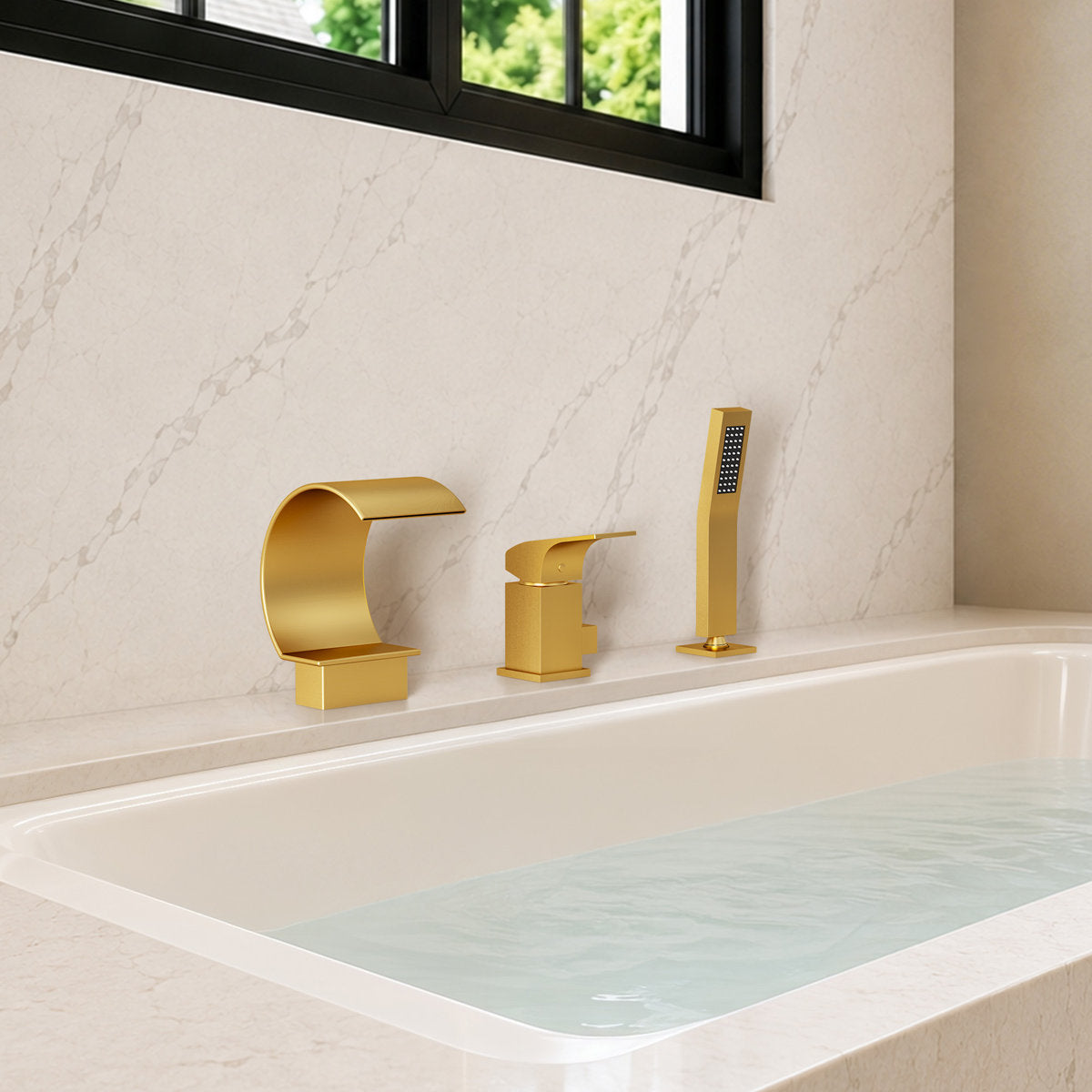 Waterfall Roman Tub Faucet with Hand Shower, 3-Hole Deck Mount SFS1005-GD - Brushed Gold