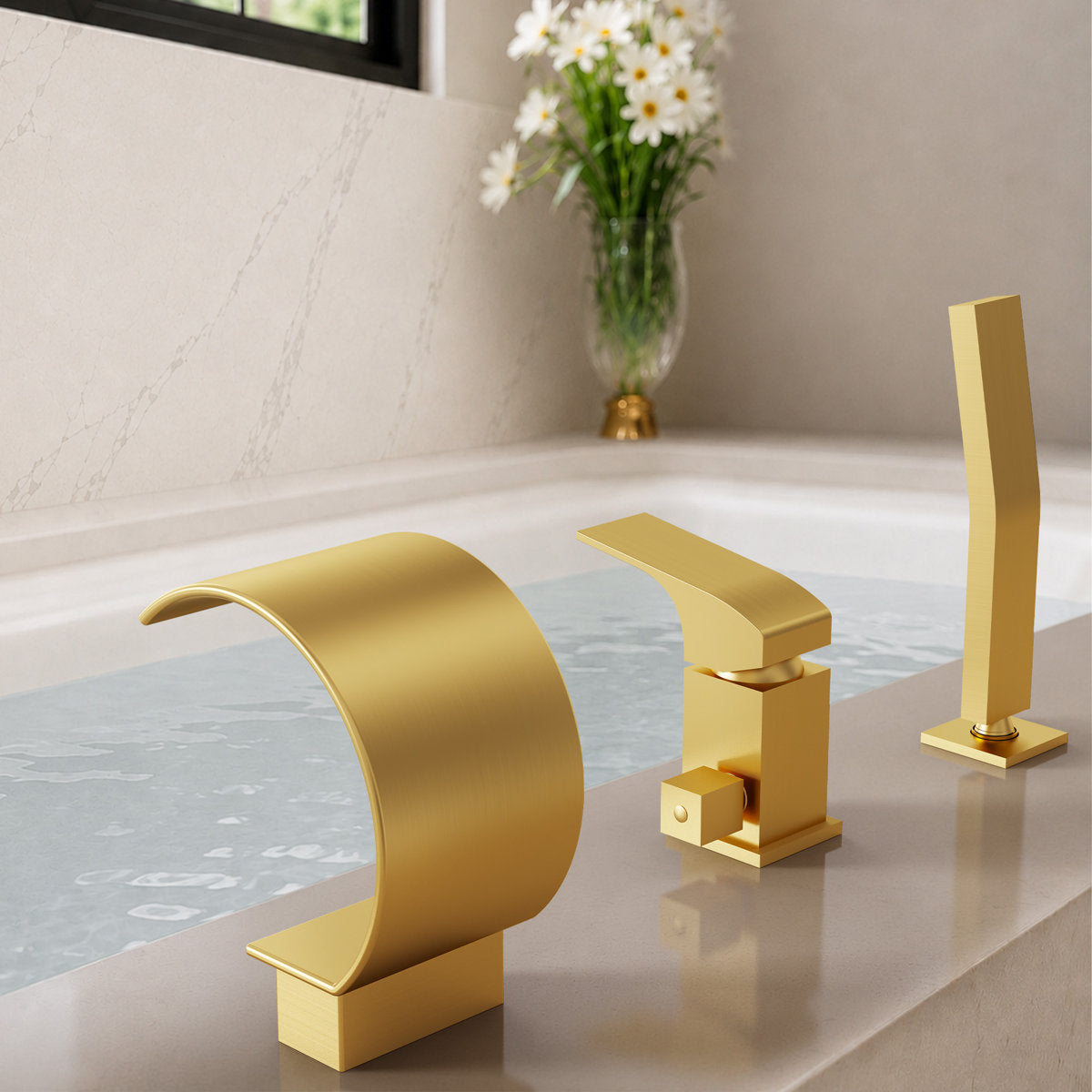 Waterfall Roman Tub Faucet with Hand Shower, 3-Hole Deck Mount SFS1005-GD - Brushed Gold