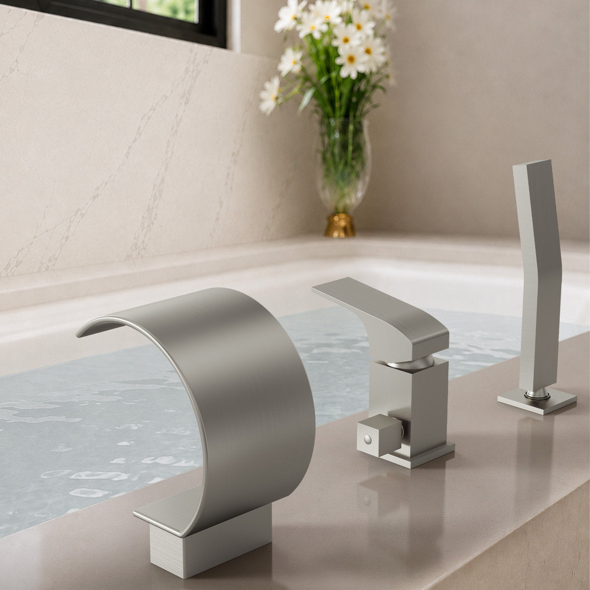 Waterfall Roman Tub Faucet with Hand Shower, 3-Hole Deck Mount SFS1005-NK - Brushed Nickel