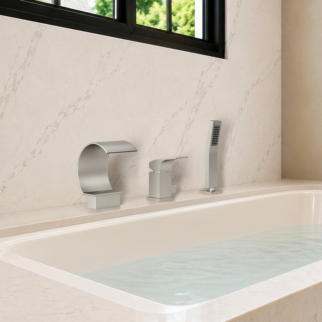 Waterfall Roman Tub Faucet with Hand Shower, 3-Hole Deck Mount SFS1005-NK - Brushed Nickel