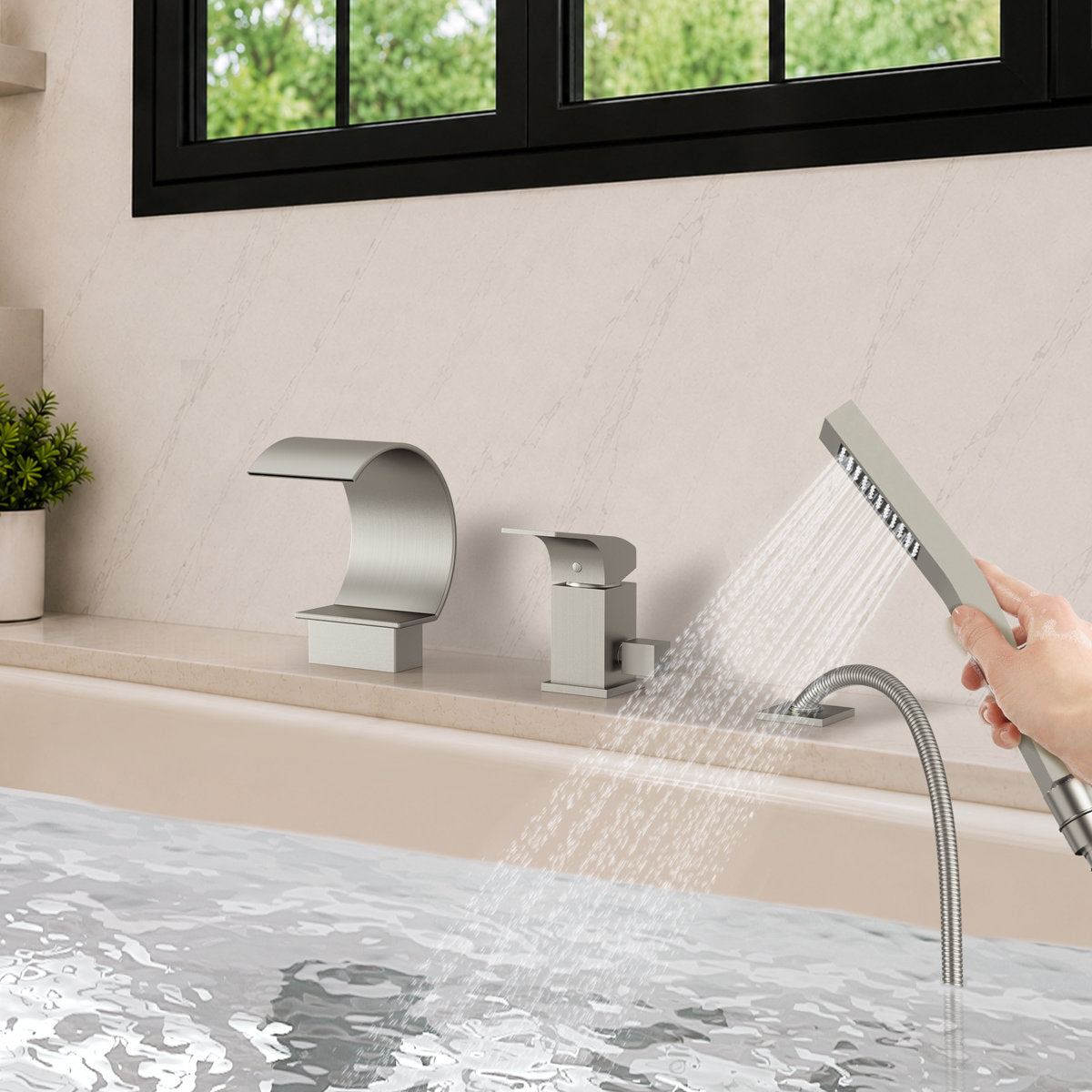 Waterfall Roman Tub Faucet with Hand Shower, 3-Hole Deck Mount SFS1005-NK - Brushed Nickel
