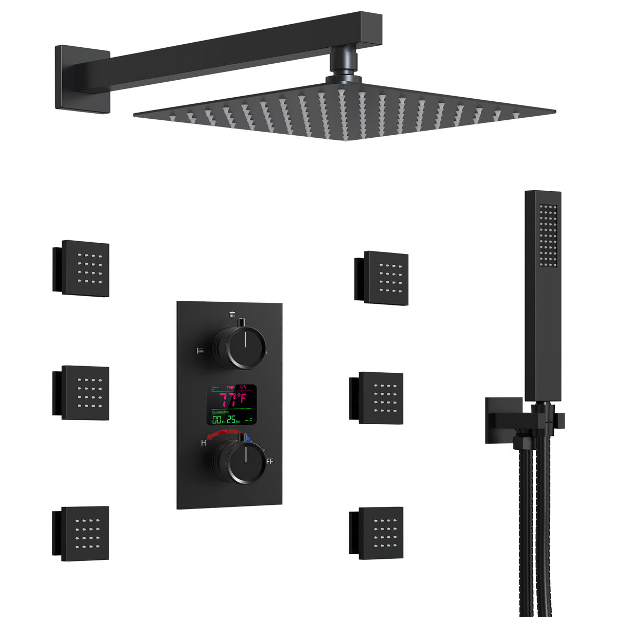 Wall Mounted Digital Shower System , 12" High Pressure Rainfall Shower Head with Handheld Shower SFS-1014-BK12 - Matte Black