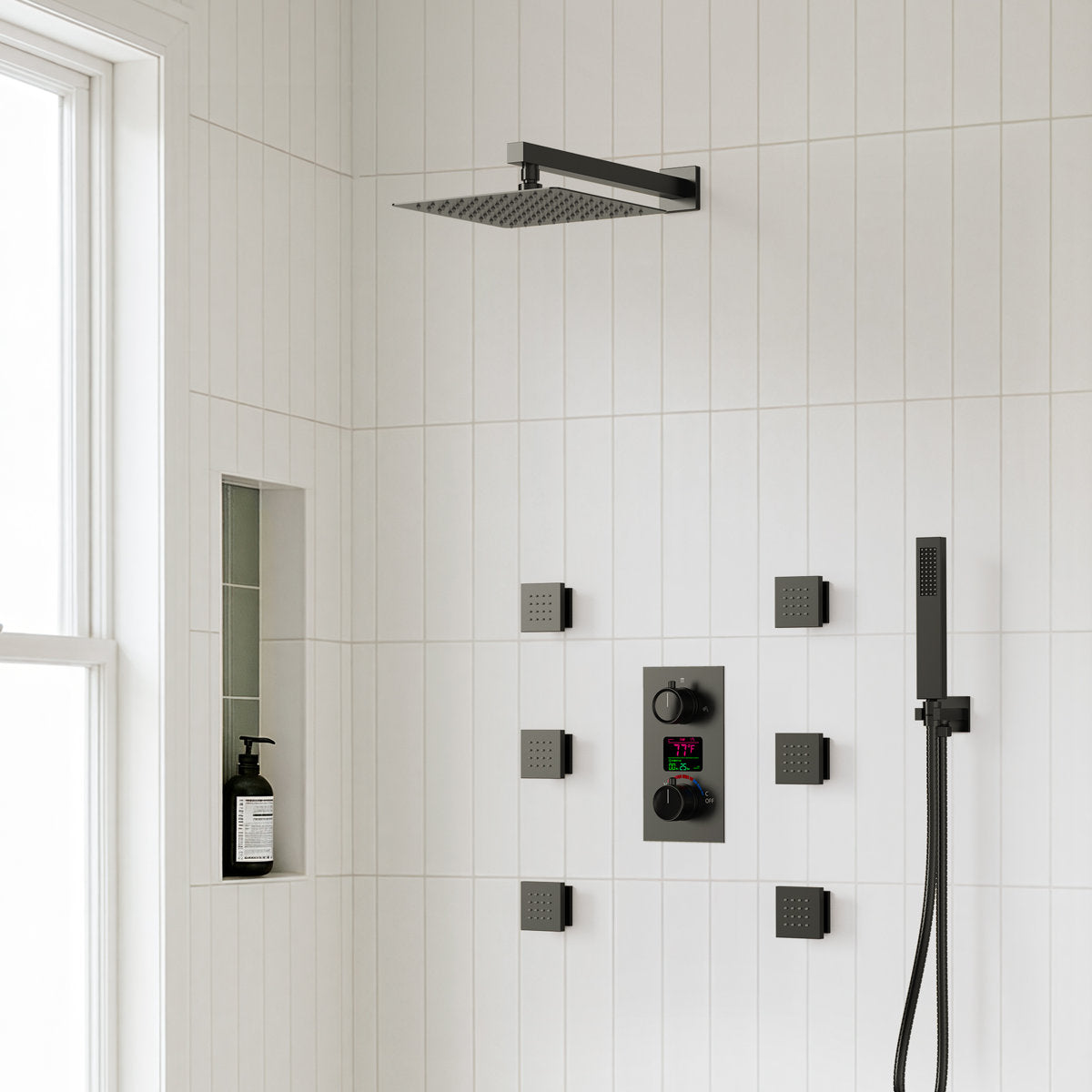 Wall Mounted Digital Shower System , 12" High Pressure Rainfall Shower Head with Handheld Shower SFS-1014-BK12 - Matte Black