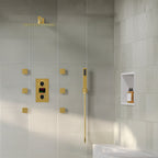Wall Mounted Digital Shower System , 12" High Pressure Rainfall Shower Head with Handheld Shower SFS-1014-GD12 - Brushed Gold