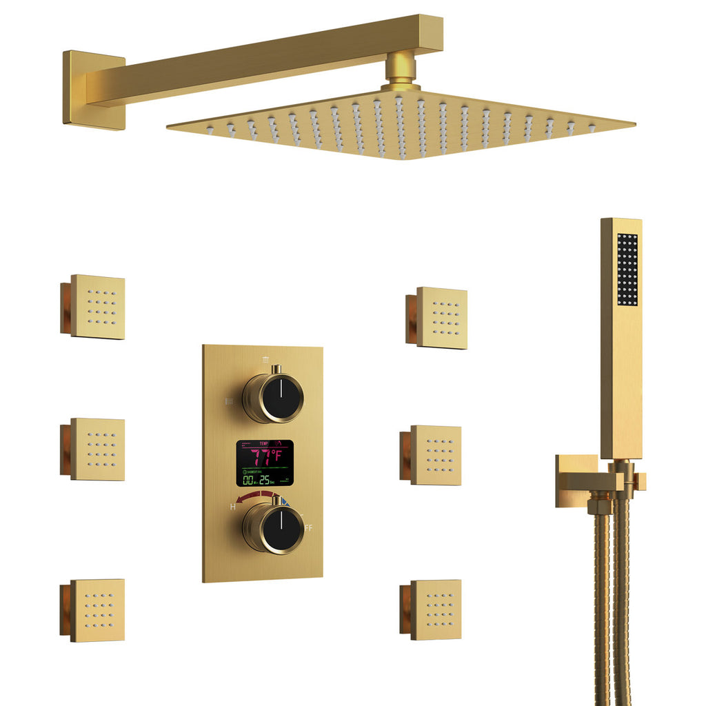 Wall Mounted Digital Shower System , 12" High Pressure Rainfall Shower Head with Handheld Shower SFS-1014-GD12 - Brushed Gold