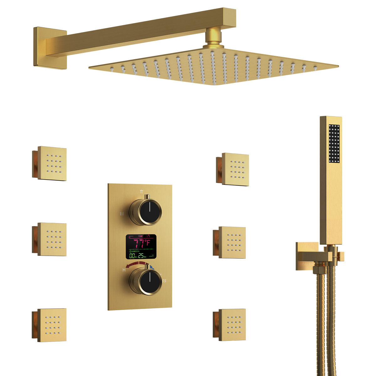 Wall Mounted Digital Shower System , 12" High Pressure Rainfall Shower Head with Handheld Shower SFS-1014-GD12 - Brushed Gold
