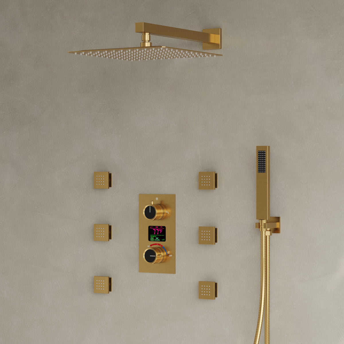 Wall Mounted Digital Shower System , 12" High Pressure Rainfall Shower Head with Handheld Shower SFS-1014-GD12 - Brushed Gold