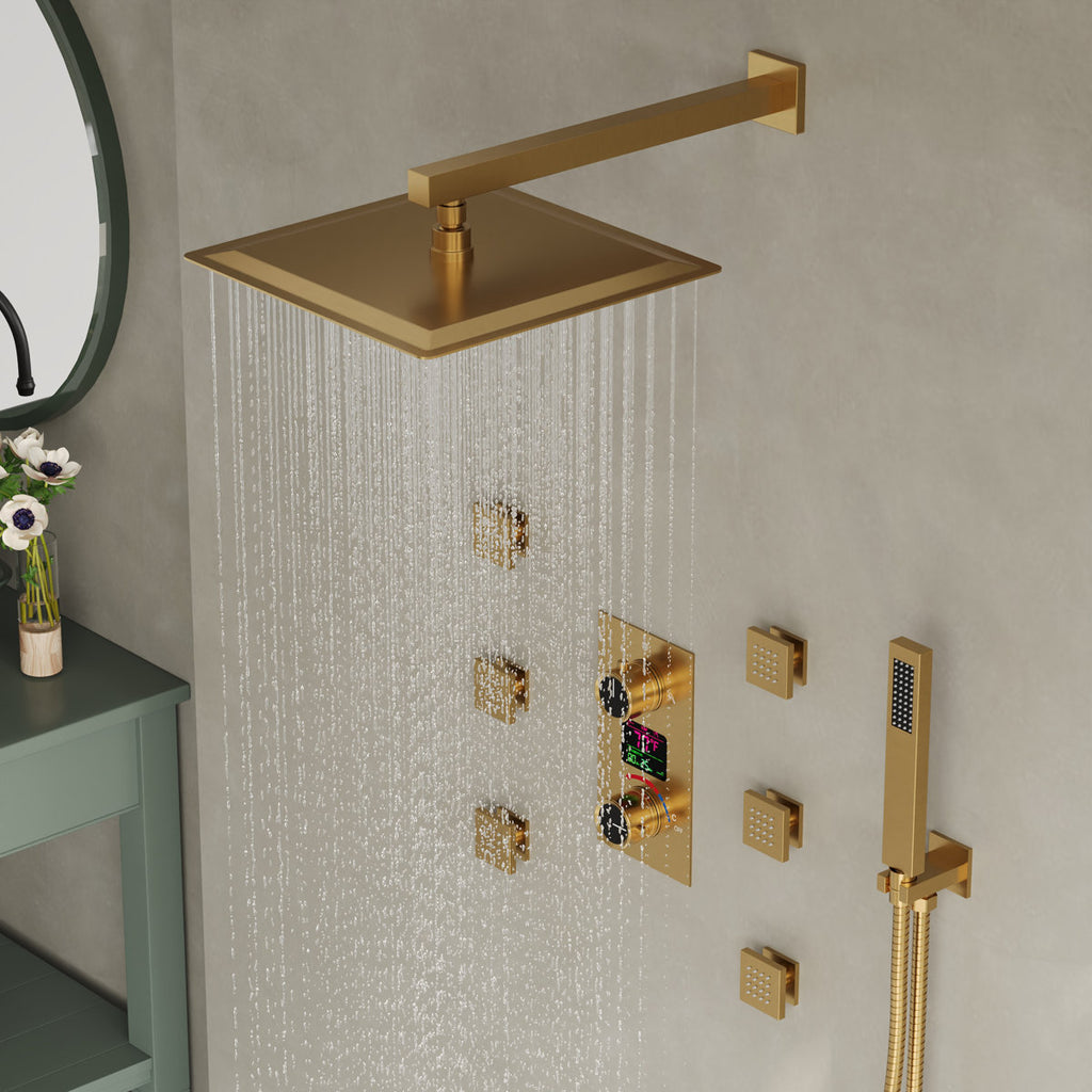 Wall Mounted Digital Shower System , 12" High Pressure Rainfall Shower Head with Handheld Shower SFS-1014-GD12 - Brushed Gold