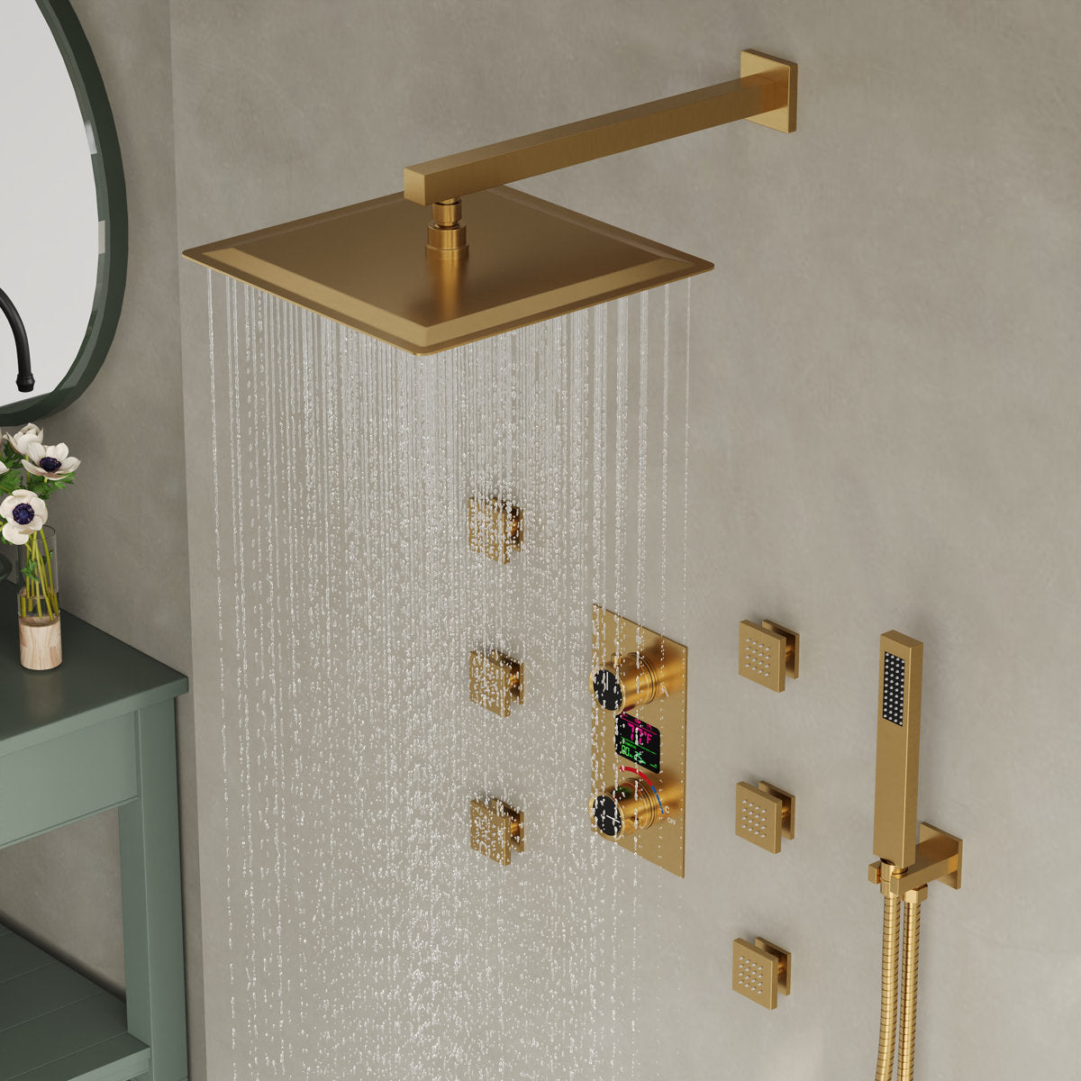 Wall Mounted Digital Shower System , 12" High Pressure Rainfall Shower Head with Handheld Shower SFS-1014-GD12 - Brushed Gold