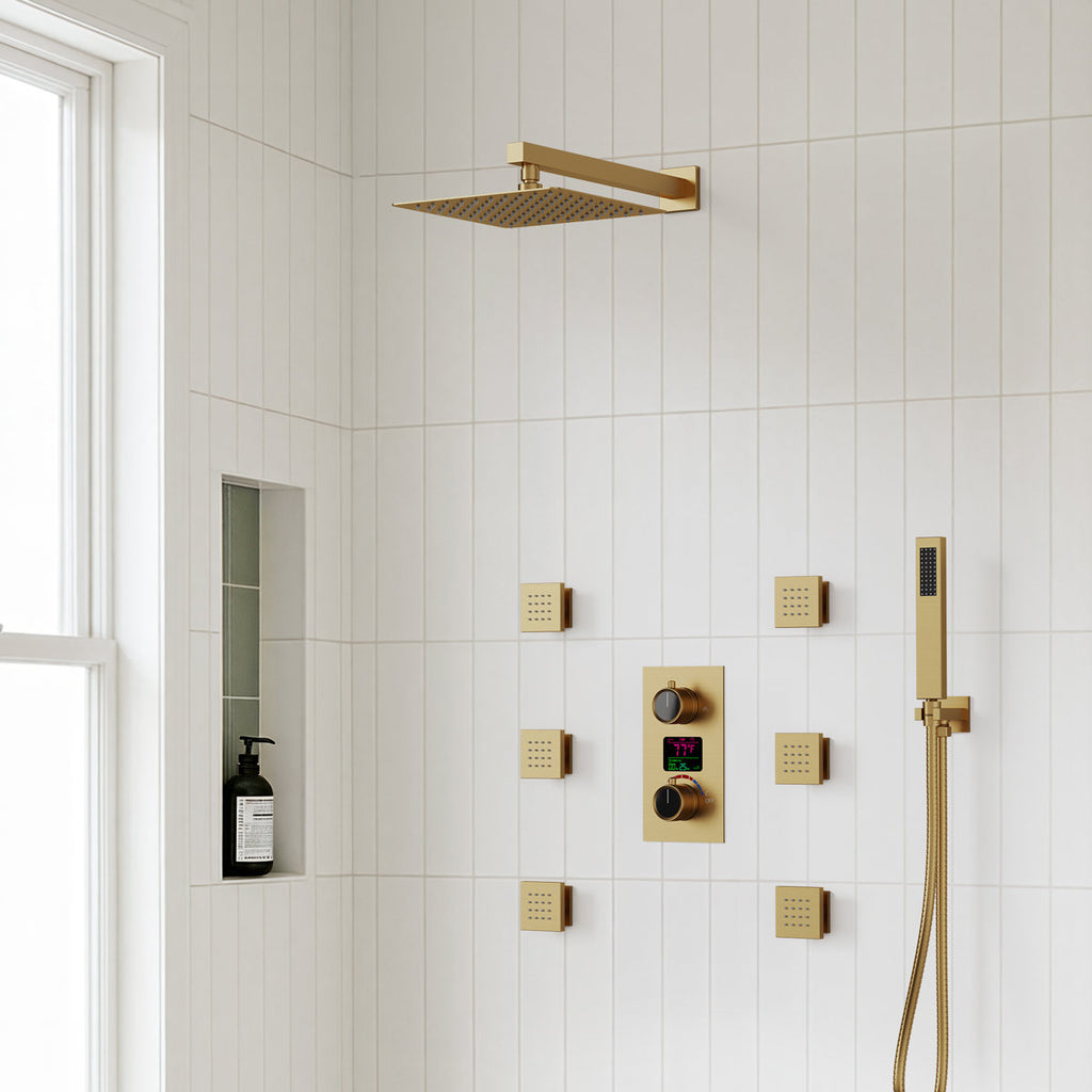 Wall Mounted Digital Shower System , 12" High Pressure Rainfall Shower Head with Handheld Shower SFS-1014-GD12 - Brushed Gold